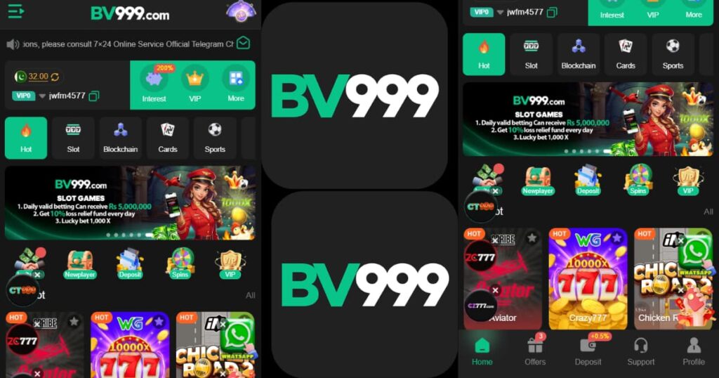 bv9999 game screen showing earning and slot games interface