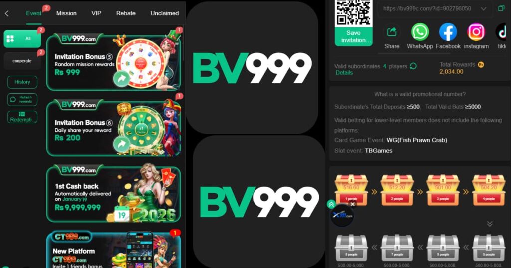 bv999 referral and bonus system showing invite rewards and earnings.