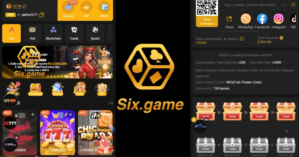 Six Game app interface with colorful online games